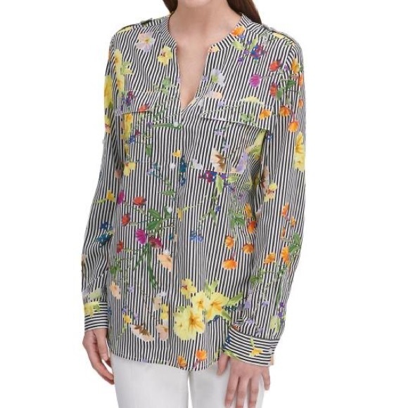 Calvin Klein Tops - Calvin Klein Striped Floral Button-Down Top XL